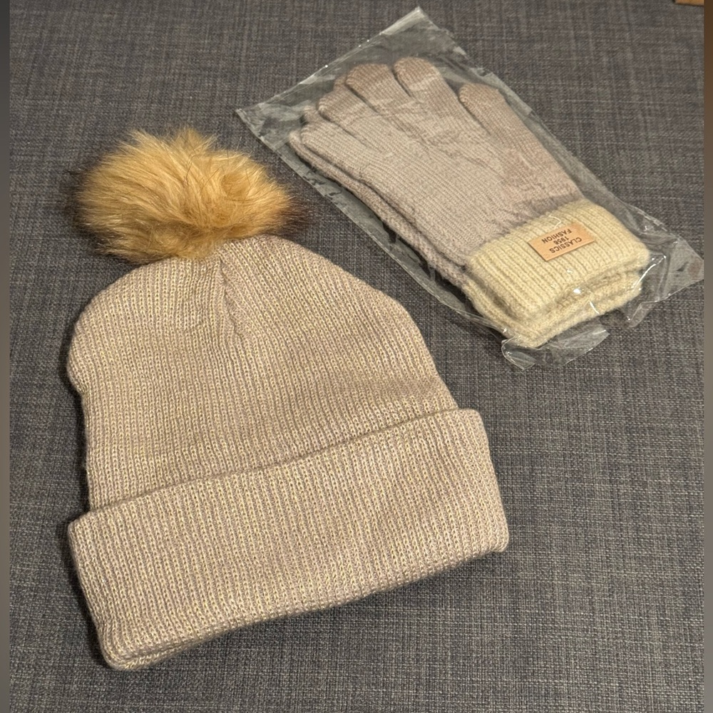 Beige Knit Beanie and Glove Set with Pom Pom